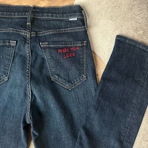 MOTHER jeans embroidered back pocket “made you look”